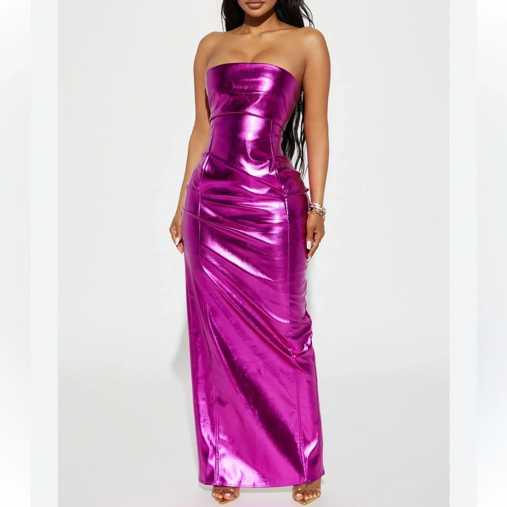 Metallic Maxi Dress‎ Strapless Bodycon Magenta Pink Tube Gown Womens S NWT Party - Picture 2 of 7